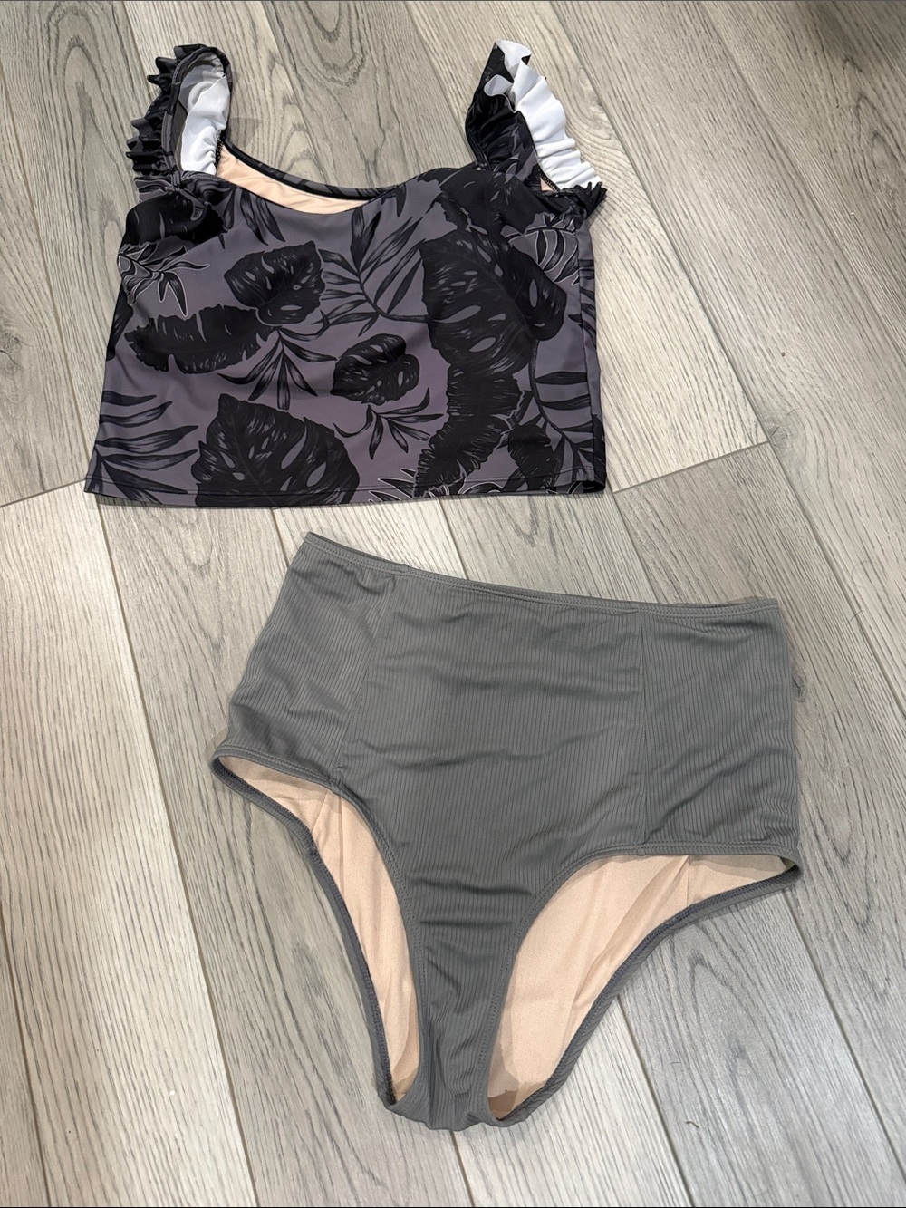 Kortni Jeane Charcoal Floral Crop Bikini Top with Gray High-Waist Bottoms